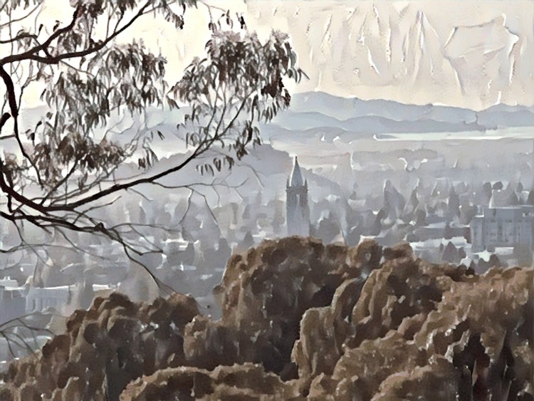 Berkeley and the Campanile seen from the hills, rendered in ink wash